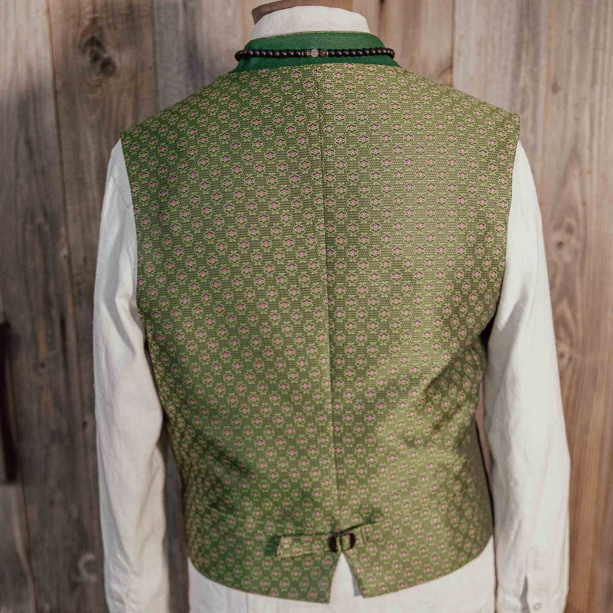 "Napoleon B.-De Oane“ Einreiher Weste Loden grün Blumenmuster zartrosa