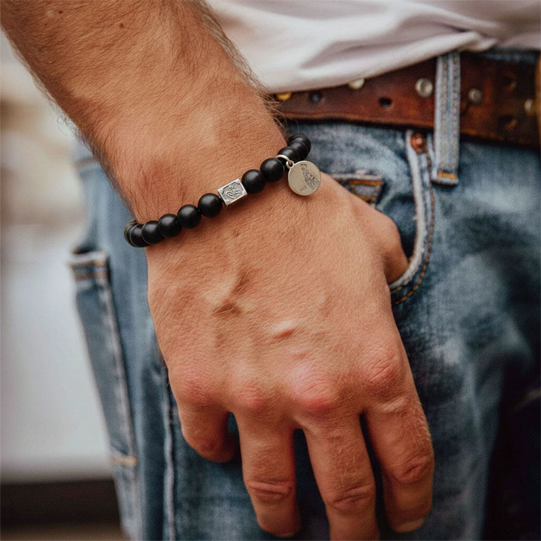 Edelsteinarmband "Porta Bavaria" Onyx matt mit Nugget und Silberplättchen