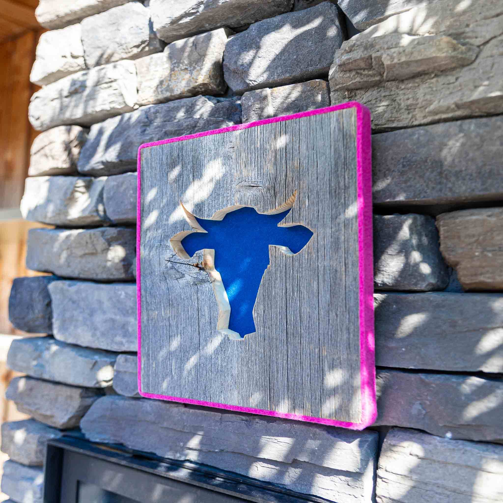 Alpen Kult-Quadrat mit Kuh "blau, pink"