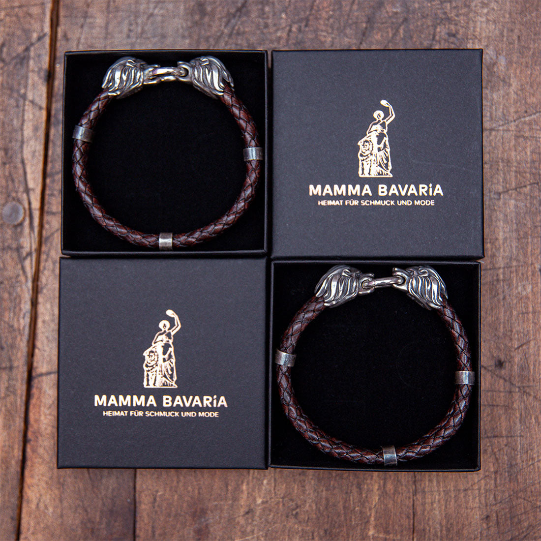 Hoamat Armband Goasslschnalzer | Doppel-Löwenkopf | Doppeltes Lederarmband mit Sterlingsilber