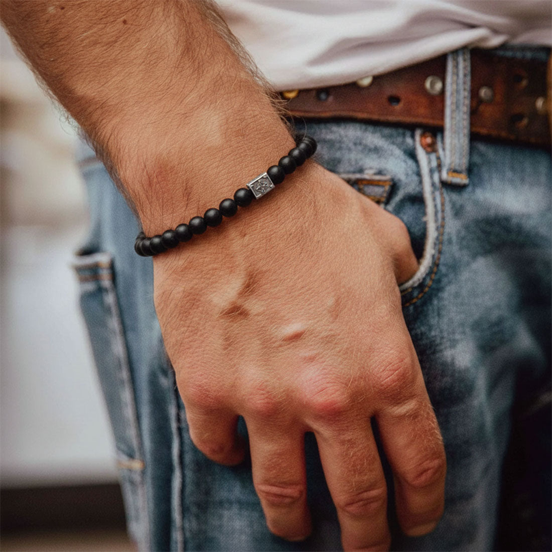 Edelsteinarmband "Porta Bavaria" Onyx matt mit Nugget und Silberperle geschwärzt