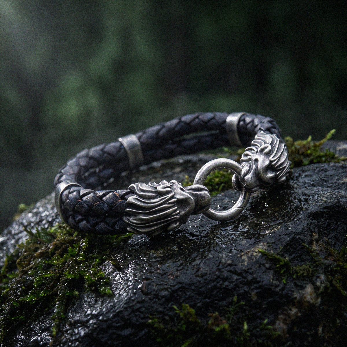 Hoamat Armband Goasslschnalzer | Doppel-Löwenkopf | Doppeltes Lederarmband mit Sterlingsilber
